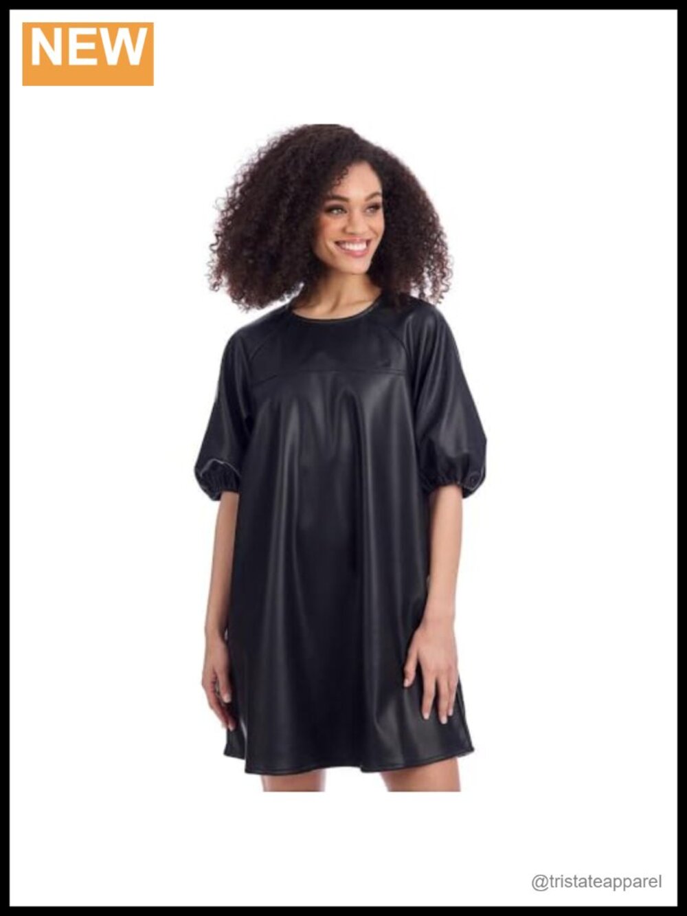 Faux Leather Fit & Flare Dress Balloon Short Sleeve Crew Neck Mini